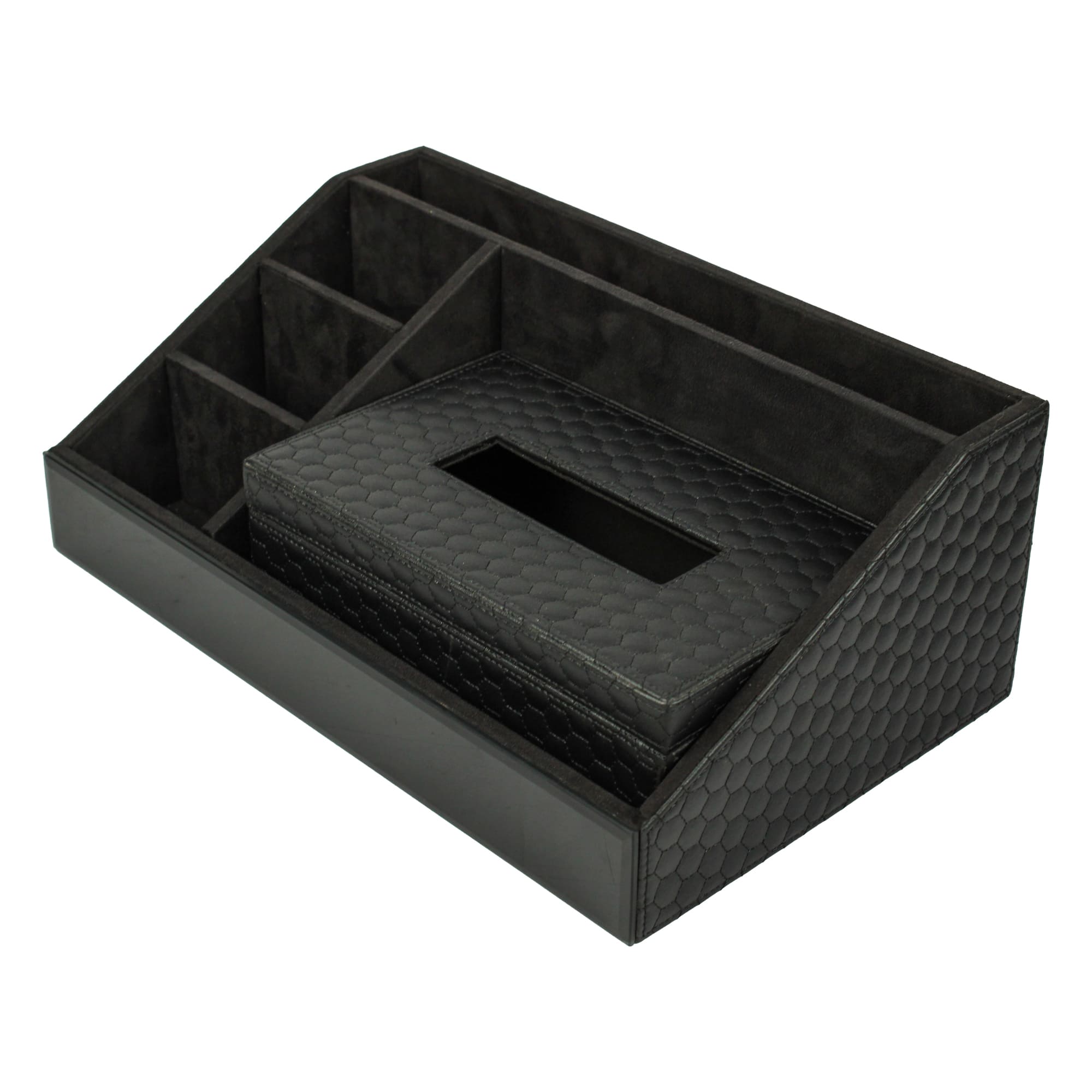 Premium Black Leatherite Stationery Desk Organizer With Tissue Box